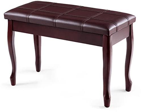 RELAX4LIFE Banquette Tabouret Piano en Bois 2 Places, Banquette avec Compartiment pour Livre Musical et Coussin en Cuir PU, Tabouret de Coiffeuse avec 4 Jambes en Bois, Noir/Brun (Style 1, Brun)