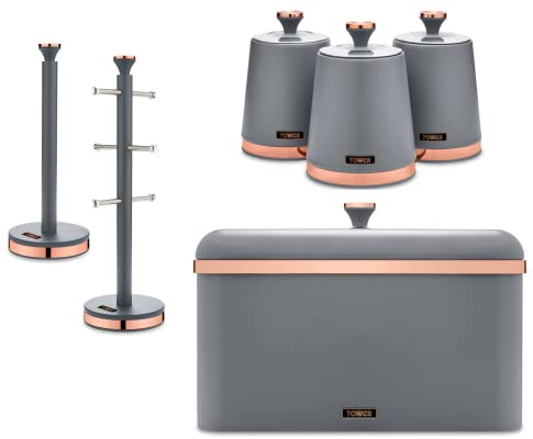 Tower Cavaletto Contemporary Kitchen Storage Set of 6 Items. Bread Bin, Tea, Coffee & Sugar Canisters, Mug Tree & Towel Pole. Stylish Matte Grey finish with Elegant Rose Gold Accents