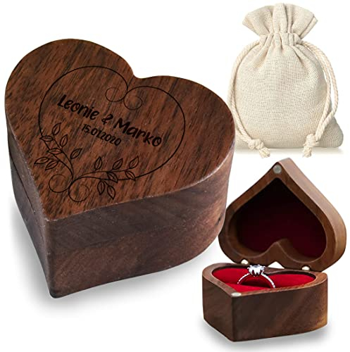 Ringbox Ringkissen mit personalisierter Wunsch-Gravur - Verschiedene Motive - aus Walnussholz - mit Geschenkbeutel aus Stoff - passend zur Verlobung, Hochzeit, Jahrestag (Motiv: Blätterherz)