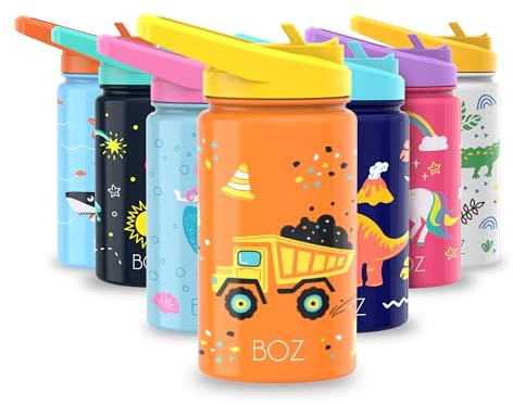 BOZ Kinder Trinkflasche – Auslaufsicher, Kohlensäure Geeignet, Mit Strohalm - Für Schule, Junge - Edelstahl Konstruction 400 ml