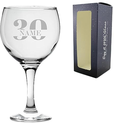 Personalised Engraved Gin Balloon Cocktail Glass with Name in 30 Design, Personalise with Any Name, Gift Box Included, Laser Engraved, 30th Birthday Gift