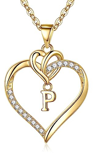 TINGN Kette Herz Damen Halskette Gold Silber, 14K Gold/Weißgold Vergoldet Herz Zirkonia Anhänger Buchstaben Kette Damen Jahrestag Muttertag Geburtstag Geschenk für Frauen Freundin Mama Mädchen Schmuck