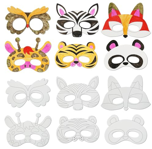 VKPI 24 PCS Color Your Own Animal Paper Masks, Coloring Mask Craft Kit for Kids, Birthday Party Favors School Activities