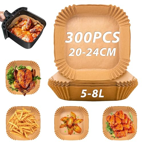 Airfryer Tillbehör Air Fryer Paper 20-24 cm, 300 Stycken Bakplåtspapper Airfryer Non-stick Vattentät och Oljesäker, Airfryer Papper Fyrkant, Tillbehör Airfryer Kompatibel med COSORI 5,5L/Cecotec 6L