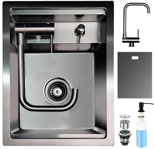 XDCXYD Verdecktes Küchenbar-Spülbecken mit klappbarem Wasserhahn, verstecktes, Edelstahl-Untertisch-Arbeitsplatz-Spülbecken mit für kleine Küchenbarvorbereitungen im Wohnmobil (black, 35×45×22CM)