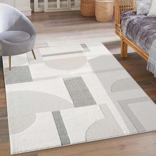 carpet city Kurzflor Teppich Grau, Creme - 160x230 cm - Wohnzimmer-Teppiche Hochtief-Muster, 3D-Effekt - Geometrisches Muster - Flachflor Bodenbelag, Deko Schlafzimmer