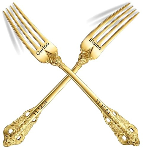 [2 Pack] Personalised Vintage Wedding Forks, Custom Luxury Dinner Forks Engraved with Name/Date, Customized Antique Baroque Flatware for Dessert Cake Salad Gift for Party Favors Engagements
