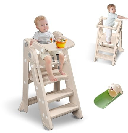 hoopyosms 2-en-1 Tour d Observation Pliable Enfant, Tour d'apprentissage Montessori Bébé, Marchepied Réglable en Hauteur Enfants avec Barre Sécurité, Kit de Siège et Plateau, Beige