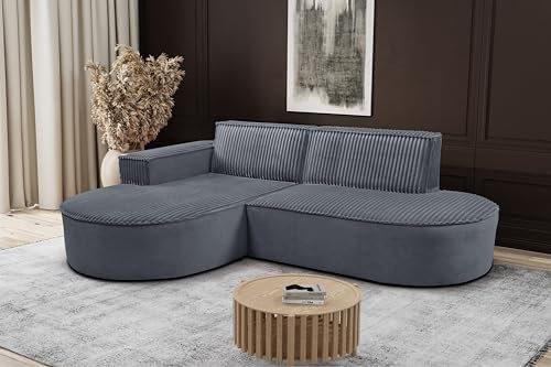 Kaiser Möbel - Ecksofa mit Wohnlandschaft, Eckcouch L-Form, Sofa 3-sitzer, Polstersofa, Bequemes Couch mit Ottomane für Wohnzimmer, Relaxsofa, Plüsch Cord, Modena Studio, Soft, Dunkelgrau, Links