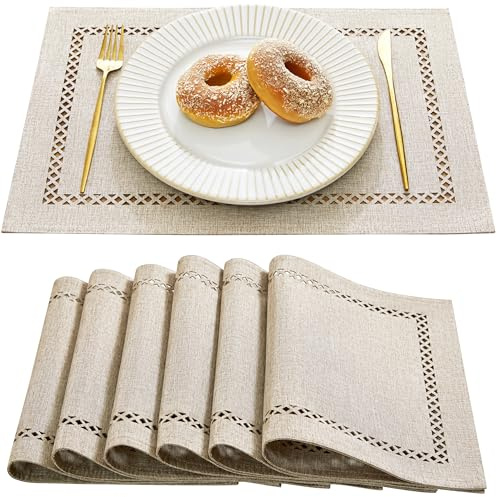 Aoztio Platzsets Abwaschbar 6er Set, Tischsets Abwaschbar, Kaffee | 30 x 45 cm, Rutschfest, Geometrische Lochmuster, Linen Geflochten Style, Hitzebeständig, für Küche, Speisetisch, Outdoor