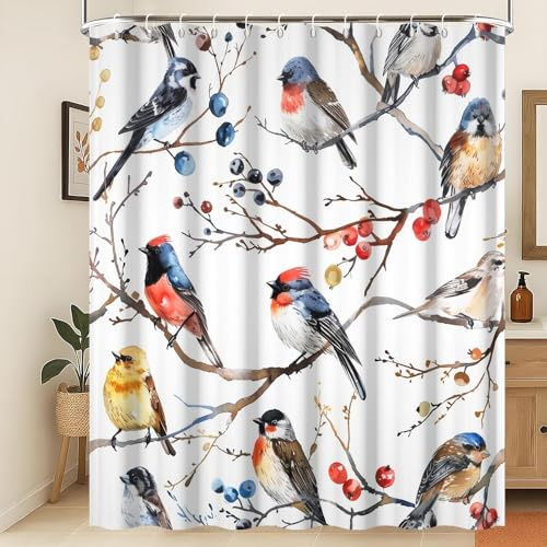 Xiaoterna Blumen Vogel Duschvorhang Vögel Zweig Zweig Braun Bäume Ölgemälde Badezimmer Vorhang Aquarell Vogel Baum Duschvorhang Wasserdichtes Tuch Stoff Badezimmer Dekoration mit Haken 180x200cm