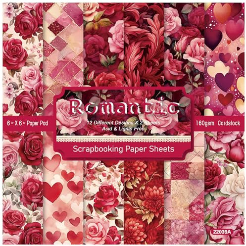 ZAKHSE Scrapbook Papier, 48 Blatt Motivpapier Rote Rose Liebe Herz Designpapier, 15,2x15,2cm Einseitig Bedruckt Bastelpapier, 12 Muster, Papierblock für Valentinstag Scrapbooking Karten Gestalten