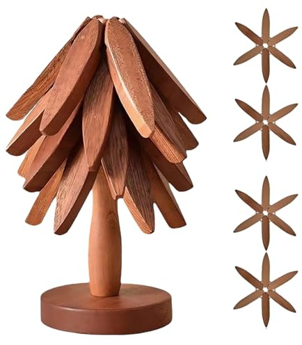 Ayolofei Untersetzer aus Holz für heiße Gerichte, Baumform, 4 Stück + 1 Ständer, Sapeli-Holz, wie ein Weihnachtsbaum aufbewahrt