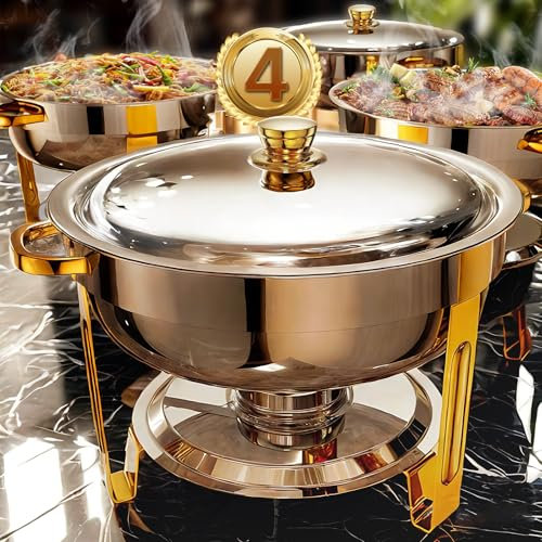 Chafing Dishes for Buffet 4 Pack, 6QT Round Chafing Dish Buffet Set Stainless Steel Buffet Food Warmers Sets for Catering Events Parties Dinners with Complete Set,Gold and Silver (4, Gold)