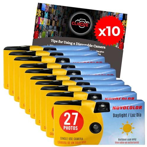 Lot de 10 appareils photo jetables avec appareil photo Novocolor lumière du jour à usage unique 27 poses et carte de conseils pour photographie Clikoze
