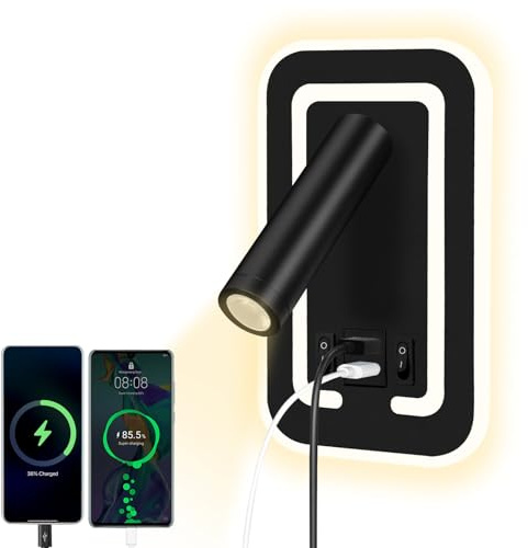 HUIZHOU LED Leselampe Wand 3W+9W, Dimmbar & Drehbar, 3000K Warmweiß, Moderne Wandleuchte mit Schalter, Bettlampe für Schlafzimmer & Büro (Rechteck schwarz)