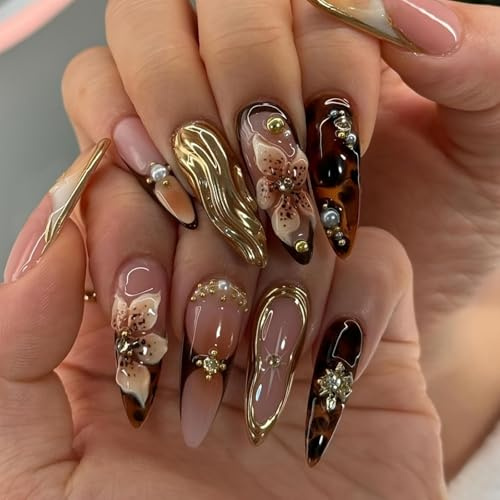 Long Press on Nails Almond Fake Nails Brown False Nails Flowers Artificial Nails with Gold Charm Designs Summer Handmade Nails 3D Floral Stick on Nails for Women 24pcs
