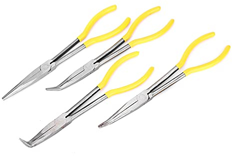 4 Pezzi Pinze a Naso Lungo in Acciaio a Carbone Set, Tagliente Tagliente, Maniglia Non Slittata, Lunghezza di 11 Pollici, Dritta/25 °/45 °/90 ° Pinza per Punta, Salva di