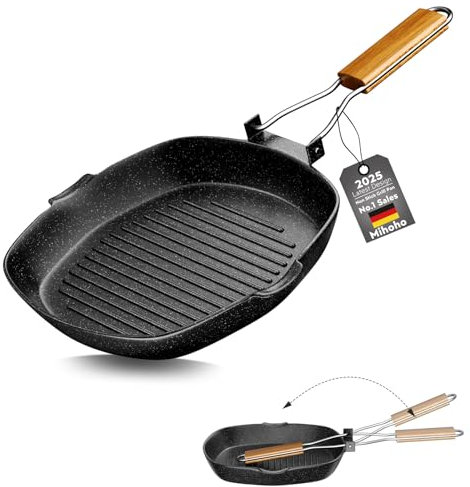 Mihoho Grill Pan Induction Grooved 24 x 24 cm Stone Coated Non-Stick Frying Pan Fire Pan Induction and Oven-Safe Steak Square (24 cm)