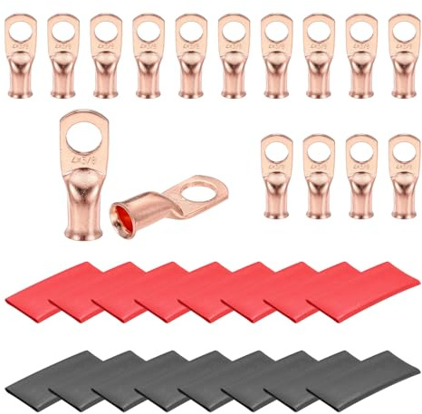 sourcing map 16 Pcs Battery Cable Ends 4 AWG 3/8 Inch Tubular Ring Terminals Closed End Crimp Connectors Bare Copper Eyelet with Heat Shrink Tubing