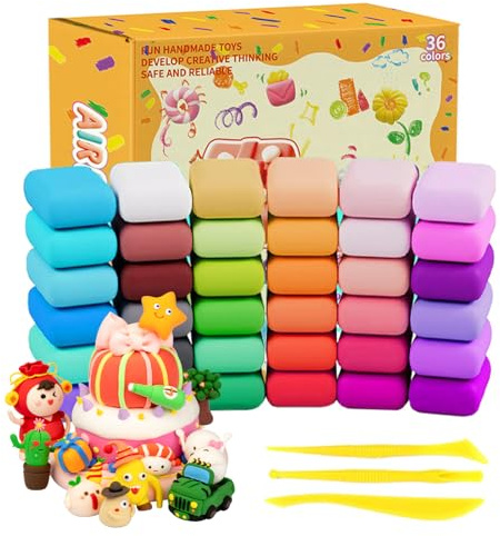 Modelliermasse-Set, 36 Farben Modelliermasse Lufttrocknend, Lufttrockener Knete für Kinder, Geschenk für Jungen und Mädchen im Alter von 3-12 Jahren