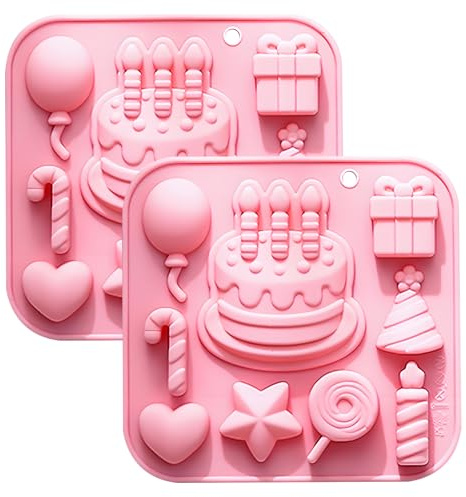 Silikon Backform Set, 2 Stück, Geburtstagstorte Motiv mit Herz, Ballon, Stern und Süßigkeiten Design, Rosa(BG136)