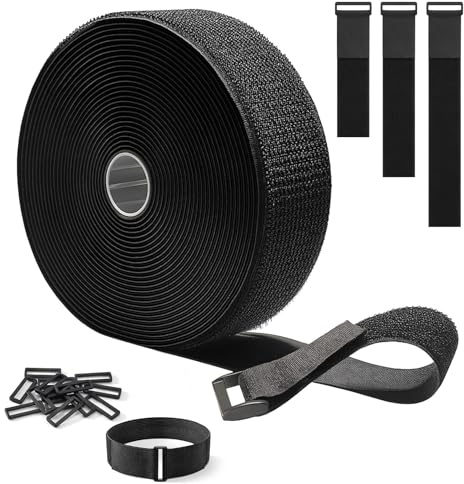 Sangles de Câble Réglables de 10m x 5cm avec 10 boucles, Libre de Couper Rouleau de Scratch pour à la Maison et Câbles Organiser, Tuyaux, Cordes - Noir