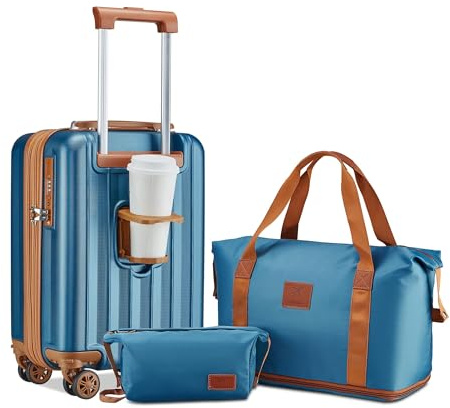 Joyway Set valigia trolley da viaggio, valigia a mano a guscio duro con portabicchieri 4 ruote TSA Suitcase Set, Blu Marrone