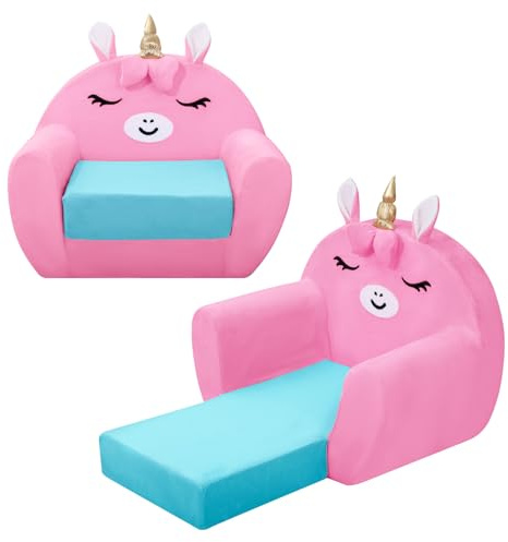 alldomess Poltroncina per Bambini 2-in-1,Cartoon Comodi Sedia Bambini,Morbido Letto Bambina per Soggiorno, Sala Giochi,Unicorno Rosa