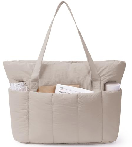 Narwey Tote Bags for Women, Puffer Work Laptop Tote Bag with Zip and Compartments for Women, Large Capacity Womens Quilted Handbags & Lightweight Shoulder Bag for School Work Travel Gym Dance Beach