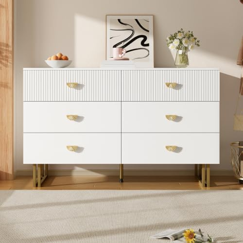 phosir Kommode, Sideboard Mit 6 Schubladen, Weiß Gold Modern, Elegante Kommode Mit Fächergriffen, Für Schlafzimmer Wohnzimmer Eingang, 120x40x75cm
