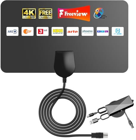 DVBT2 Antenne mit Verstärker für alle Fernseher, Zimmerantenne für Fernseher, DVBT2 Receiver mit Antenne, unterstützt 8K 4K 1080P, Flexible Befestigung mit Selbstklebendem Pad, 5m Kabel