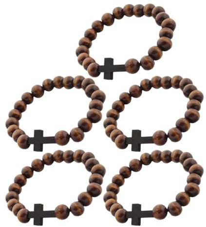 CALLARON Pulsera Cruzada de Cuentas de Madera Natural Marrón, 5 Piezas Elásticas Religiosas para Mujer y Hombre, Joyería Cristiana de Oración con Cruz, Pulsera de Fe Unisex para Uso Diario