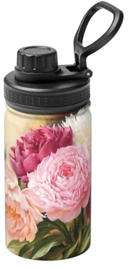 Bouteille d'eau isotherme en acier inoxydable avec imprimé fleurs de pivoine, 355 ml, idéale pour les voyages