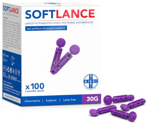AIESI® Fingerstech-Lanzetten für die Blutzuckermessung 30G (100 Stück) steril für automatische Stechhilfen oder zur manuellen Anwendung SOFTLANCE