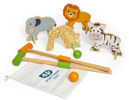 Bigjigs Toys Croquet della giungla | Gioco all'aperto in legno per bambini | Set a tema con 4 wickets per animali | Giochi per famiglie versatili per giocare al coperto o in giardino | Attività