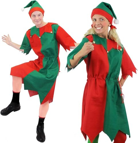 Adults Elf Costume - Green And Red Elf Tunic + Matching Hat With Bobble - Unisex Christmas Fancy Dress Costume Cheeky Elf Santa's Little Helper Elves