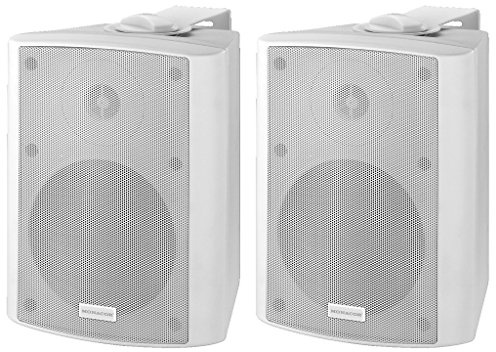 MONACOR MKA-50SET/WS aktives 2-Wege-Stereo Lautsprecherboxen-System, eine Aktiv- und eine Passiv-Box im 2er-Set, magnetisch geschirmte Lautsprecher inkl. Auto-Stand-by-Funktion, 2 x 20 W, in Weiß
