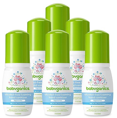 Babyganics Foaming Pump Hand Sanitizer, Alcohol Free, Travel Size, Fragrance Free, Kills 99.9% of Common Bacteria, Moisturizing, 1.69oz (Pack of 6)