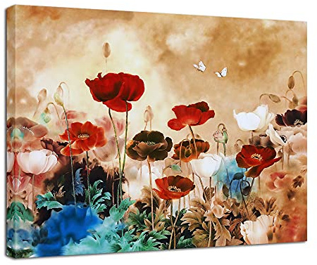 Wieco Art - Blooming Poppies Modern Stretched and Framed Floral Giclee Canvas Prints Flowers Artwork Colorful Flowers Pictures Paintings on Canvas Wall Art for Living Room Bedroom Home Decorations