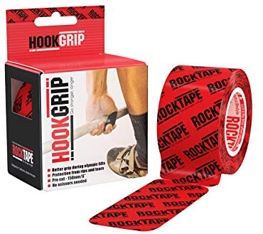 RockTape HookGrip 2-Zoll-Daumenschutz-Kinesiologieband für Gewichtheber (32 vorgestanzte Streifen) - Verbesserter Griff- und Daumenschutz für das Heben von Langhanteln mit hohem Volumen | Rotes Logo; 32 vorgeschnittene Streifen; Breite 5 cm; verbesserter Griff und Daumenschutz für intensives Heben