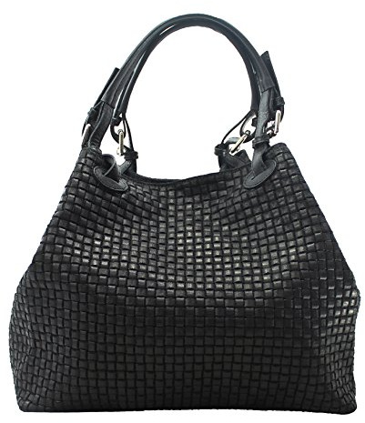 Chicca Borse Borsa a Mano Stampa Intrecciata da Donna con Tracolla in vera pelle made in Italy - 34x29x18 Cm (Nero)