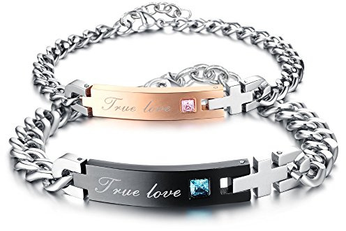 Kim Johanson Edelstahl Pärchen Armbänder *True Love* für verliebte Roségold & Schwarz mit Cubic Zirkonia Steinchen besetzt inkl. Schmuckbeutel