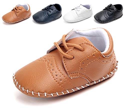 Baby Girls Boys Shoes Newborn Oxford Loafers Adorable Infant Toddler Crib Shoes Prewalker PU Sneakers Brown 12-18 Months 1203-BR13