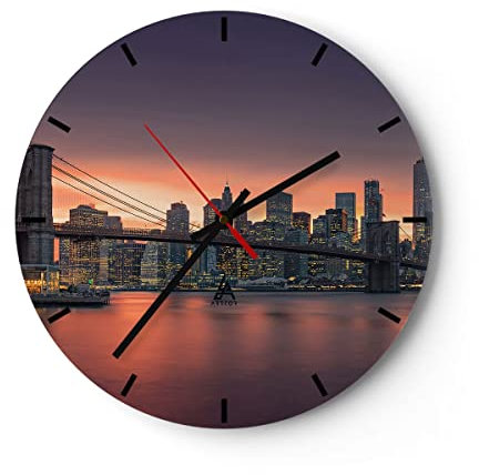 Modern Wanduhr New York Brücke Nacht 30x30cm Rund Klein Wand Uhr Glas Analog Zimmeruhren Küche Büro Wohnzimmer Glasuhr Wall Clock Dekoration Design Wanddekoration Küchenuhr C3AR30x30-4048