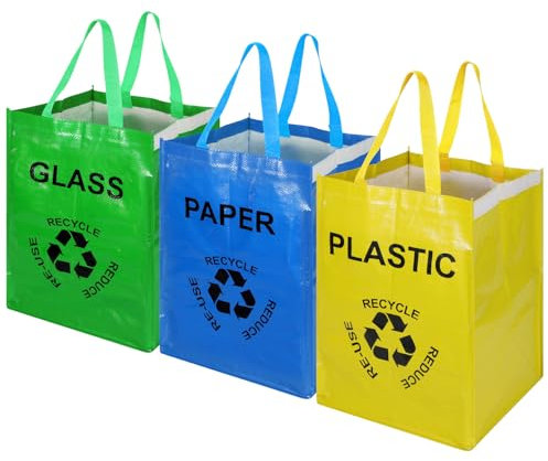 Vinsani Set of 3 Reusable Fabric Recycling Bags – Colour-Coded Durable Spacious Organiser Efficient Waste Sorting Home Office Kitchen for Glass Plastic and Paper Recycling