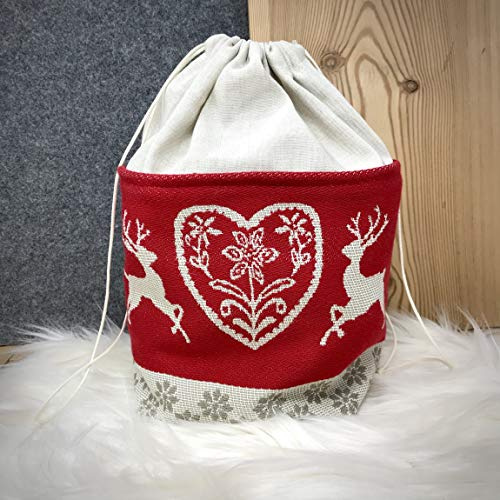 Gaidra Corbeille à pain en tissu style maison de campagne alpiniste pour le rangement du pain et des pâtisseries Double face – Finition de qualité – Motif cœurs rouges Cerf cœur rouge.