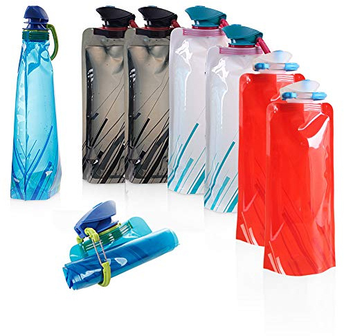 8 Stück Faltbare Wasserflasche, 700ML Faltbare Trinkflasche mit Karabiner, Tragbar Wiederverwendbar Trinkflasche Flaschen für Wandern Abenteuer Reisen Radfahren(Blau, Weiß, Rot, Schwarz) | Trinkflasche mit Karabiner, Wiederverwendbar Festival Trinkflasche, Faltbare Trinkbeutel für Wandern Abenteuer Reisen