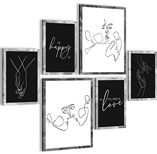 Novart Wandbilder Set Be Happy Abstrakt Schwarz Weiss - KEIN EXTRA RAHMEN BENÖTIGT - Modern Deko - Wohnzimmer Schlafzimmer N021863a