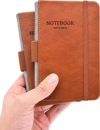 AISBUGUR Notizbuch A6 2 Stück Notizbuch kleine: 9 x 14 cm Pocket Notizblock Hardcover mit Stifthalter Gummiband Dickes Papier - Notizblock kleine PU Leder Braun